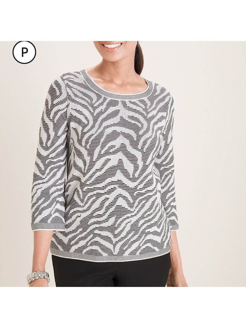 Chico’s Petite Zebra-Print Zip-Back Jacquard Sweater Black & White Super Soft! - Picture 7 of 7